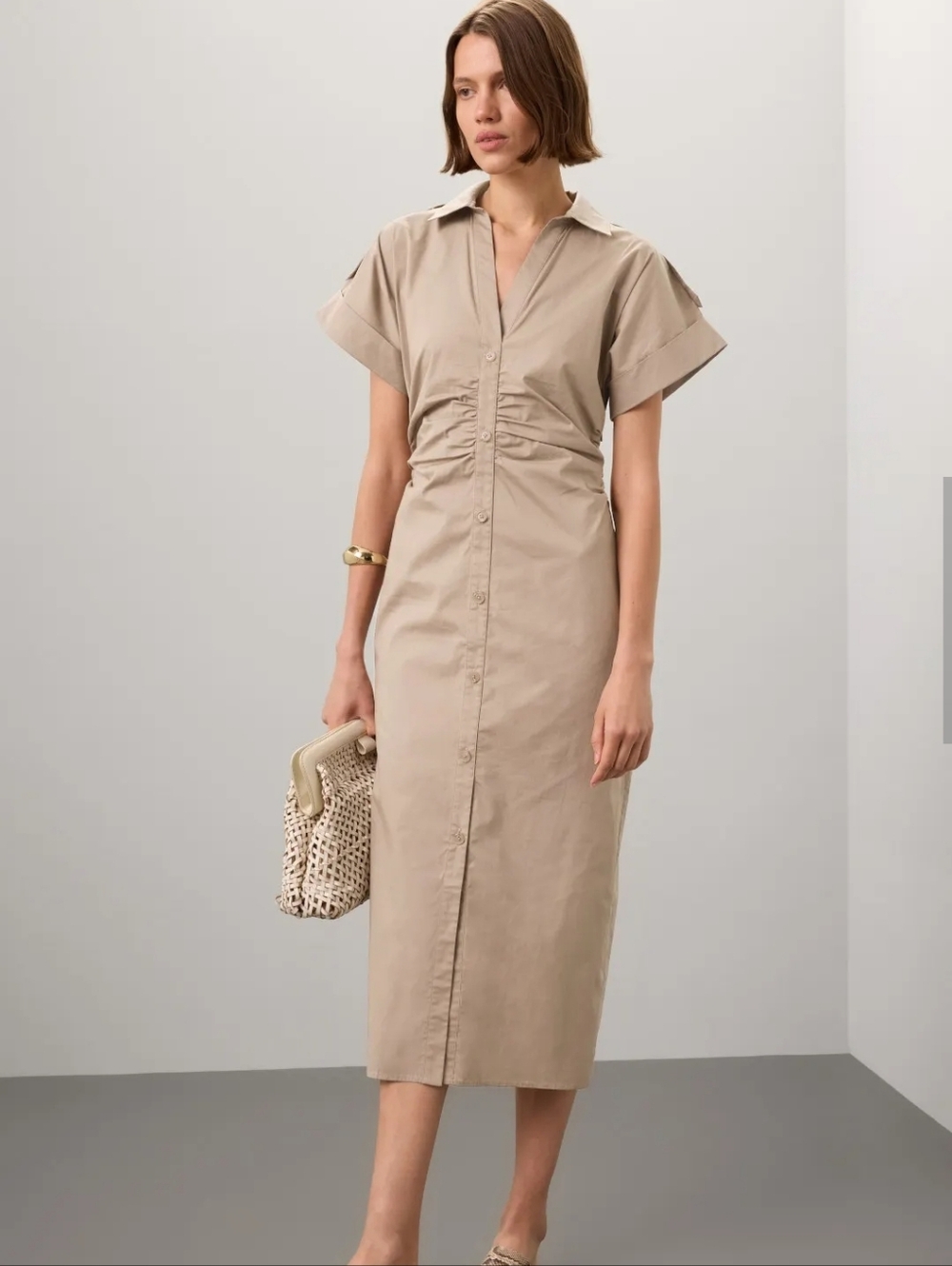 Saunders Beige Ruched Shirt Dress Size 2